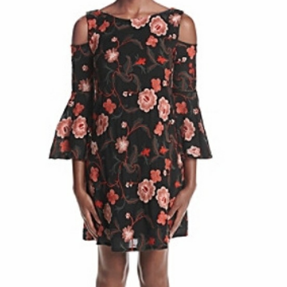 Luxology Black Cold Shoulder Floral Embroidered Bell Sleeve Dress Womens 8 NWT
